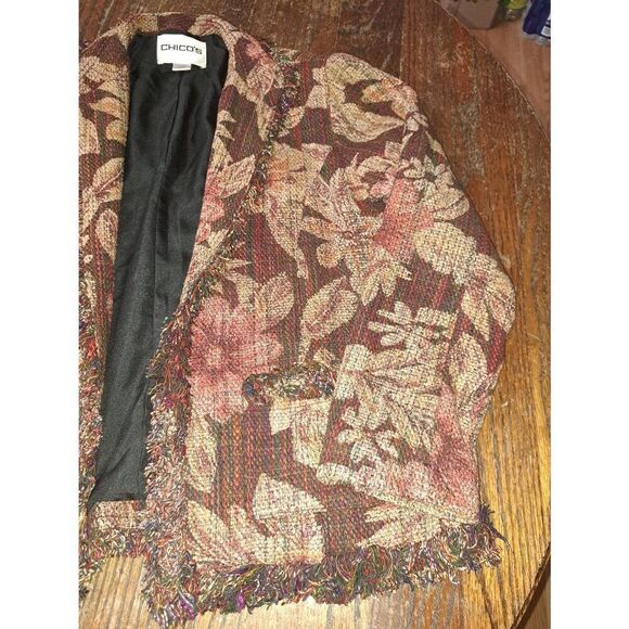 Small Size 4 Chicos 0 Tweed Fringe Lined Long Sleeve Silk Open Jacket Blazer - Picture 2 of 6